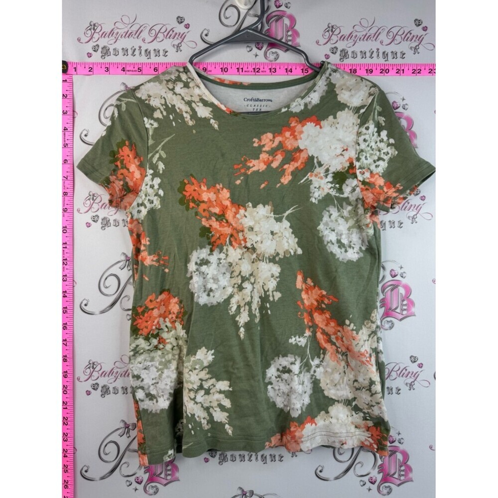 croft & barrow tshirt tee shirt top orange Olive Green Floral Short Sleeve Tee
